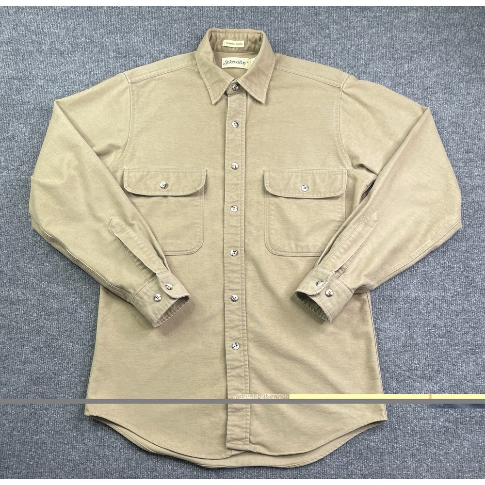 St. John's Bay Chamois Shirt Mens Small Tan Khaki Cotton Long Sleeve USA Made